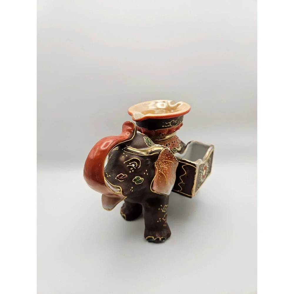 Vtg 1920's/30's Satsuma Moriage Elephant Ashtray Cigarette & Match Holder, Japan